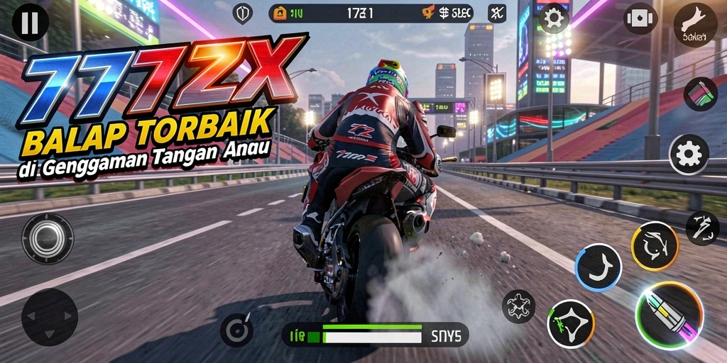 Screenshot gameplay 777ZX menampilkan balapan motor yang seru.