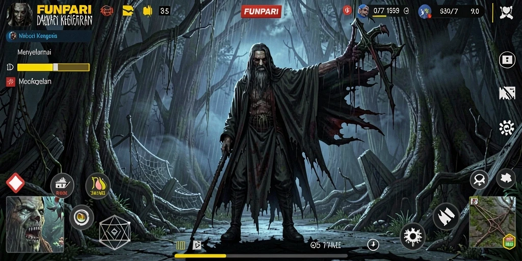 Screenshot gameplay FUNPARI yang mencekam dengan atmosfer gelap.