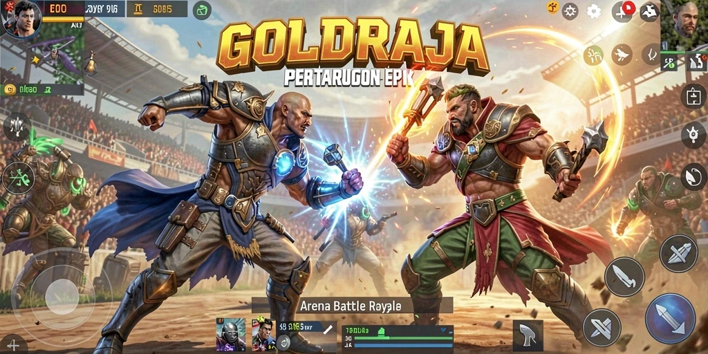 Screenshot gameplay GOLDRAJA menampilkan pertempuran seru di arena Battle Royale.