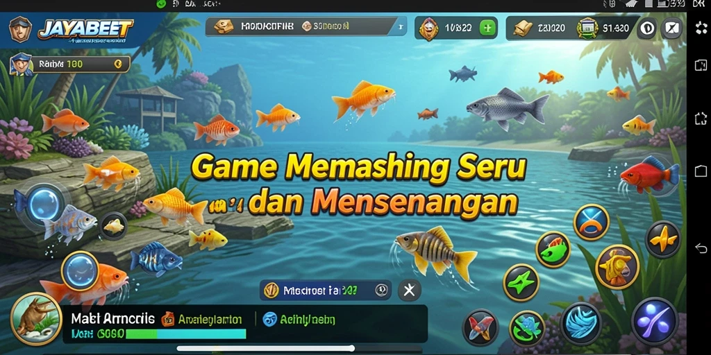 Tampilan gameplay JAYABET saat menangkap ikan besar di perairan yang indah.