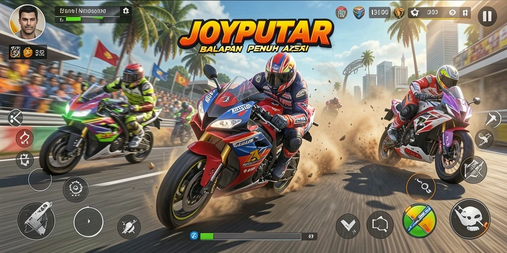 Tampilan gameplay seru di JOYPUTAR dengan balapan motor yang mendebarkan.