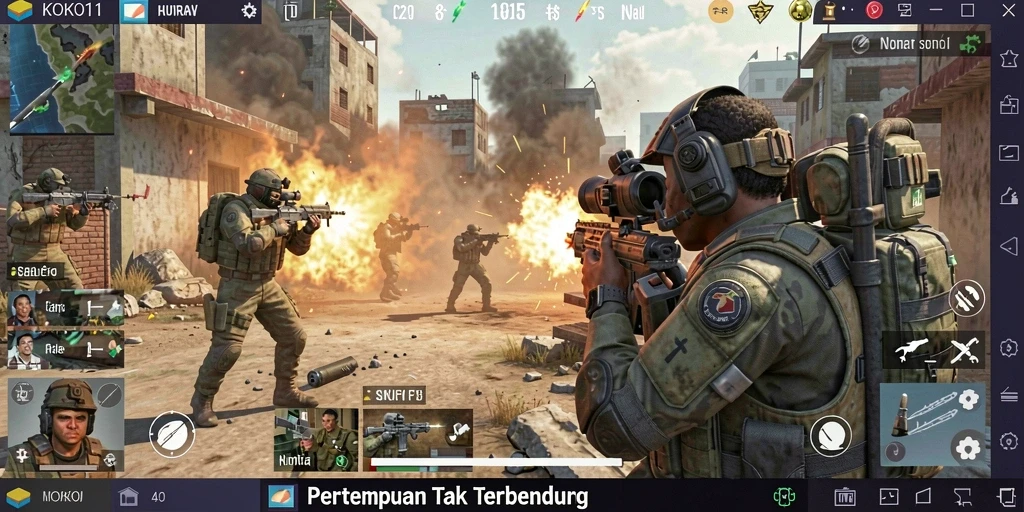 Tangkapan layar utama KOKO11 menampilkan aksi pertempuran FPS yang mendebarkan.