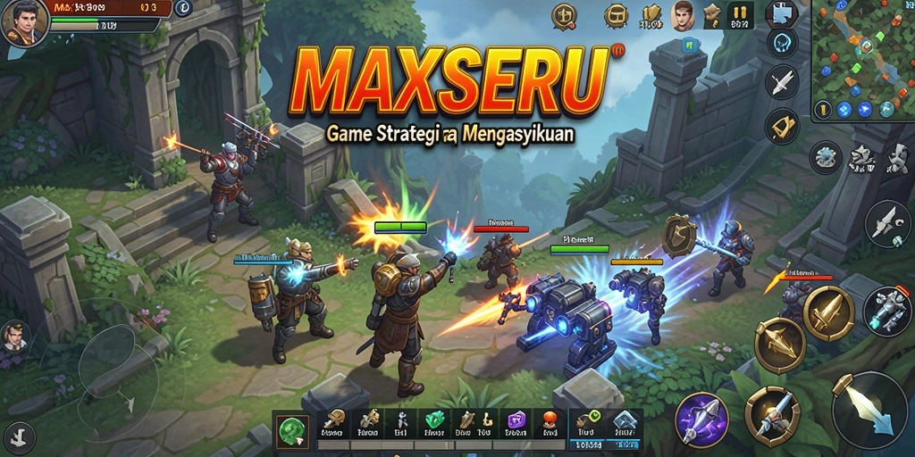Screenshot gameplay MAXSERU yang menunjukkan pertempuran strategi dinamis.