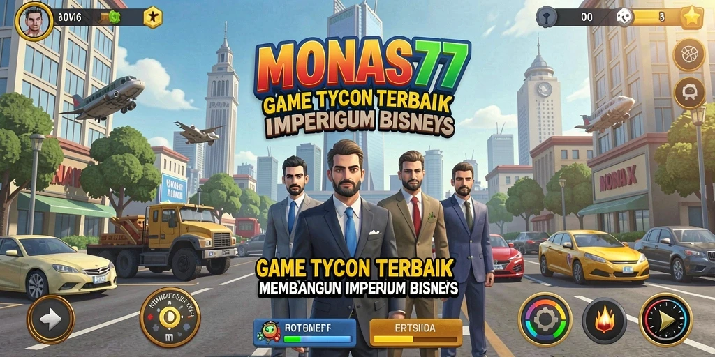 Screenshot gameplay menunjukkan pengalaman manajemen bisnis di MONAS77.