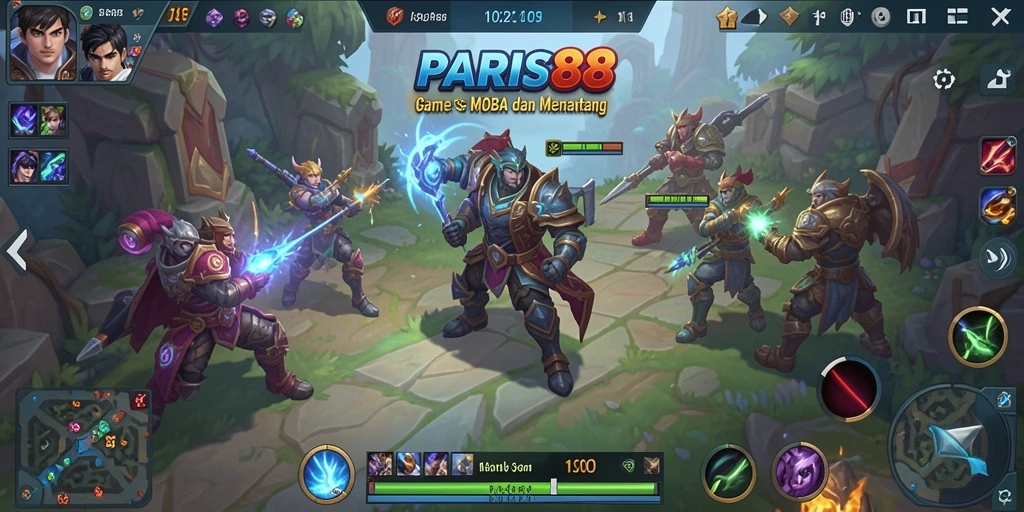 Tampilan gameplay menegangkan di arena <strong>PARIS88</strong> dengan aksi seru tim MOBA.
