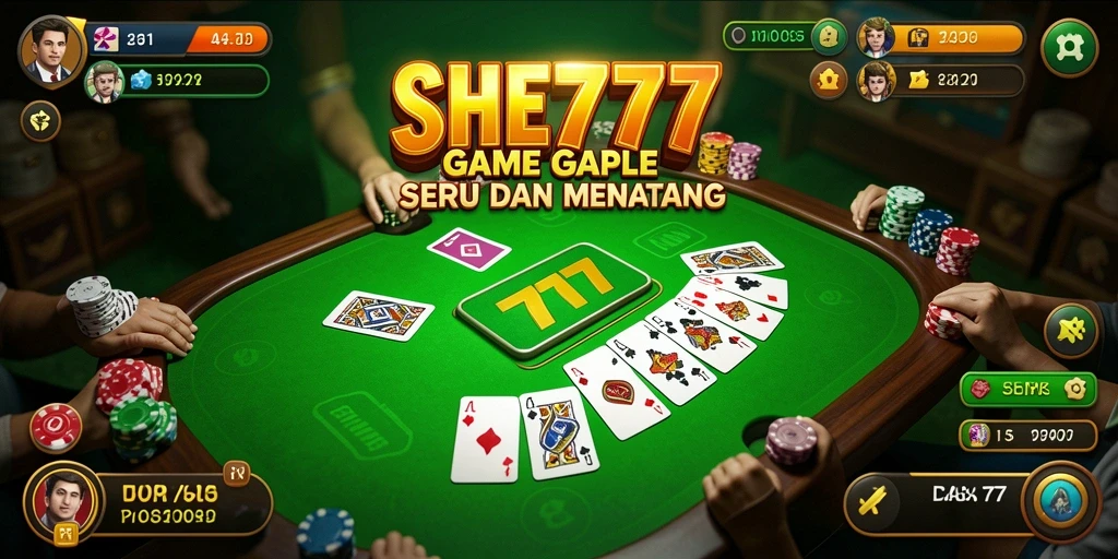 Screenshot utama SHE777 menampilkan gameplay Gaple yang seru.