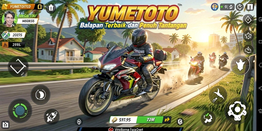 Tampilan gameplay YUMETOTO dengan balapan motor yang mendebarkan.
